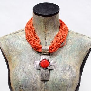 VTG 90's Large Beaded Silver Brass Cross Necklace
